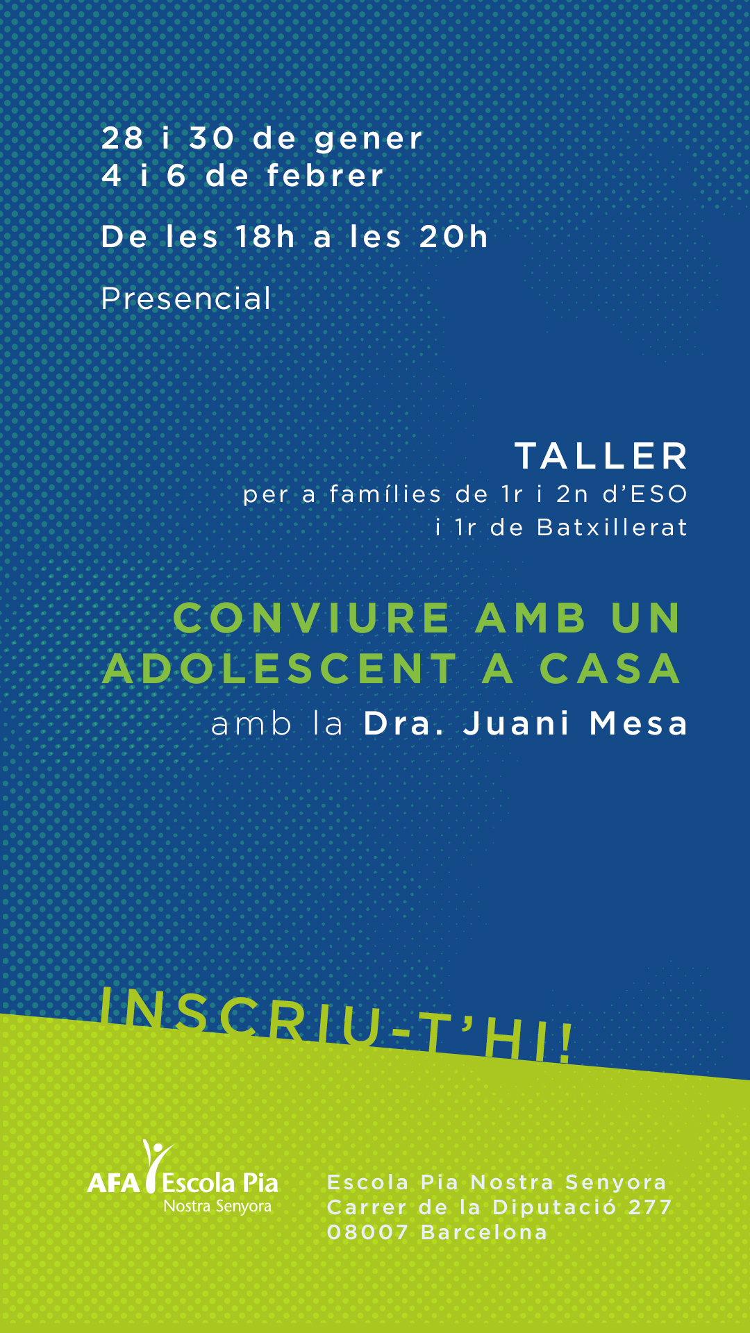 Taller de Famílies 2025. Conviure amb un adolescent a casa amb la Dra. Juani Mesa.